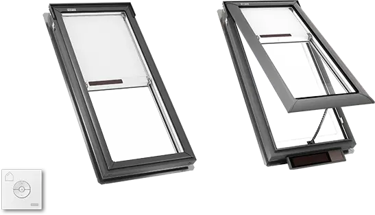 VELUX Skylight System on a white background showing two VELUX Skylight Systems side by side, one in a closed position and the other in an open, venting position.